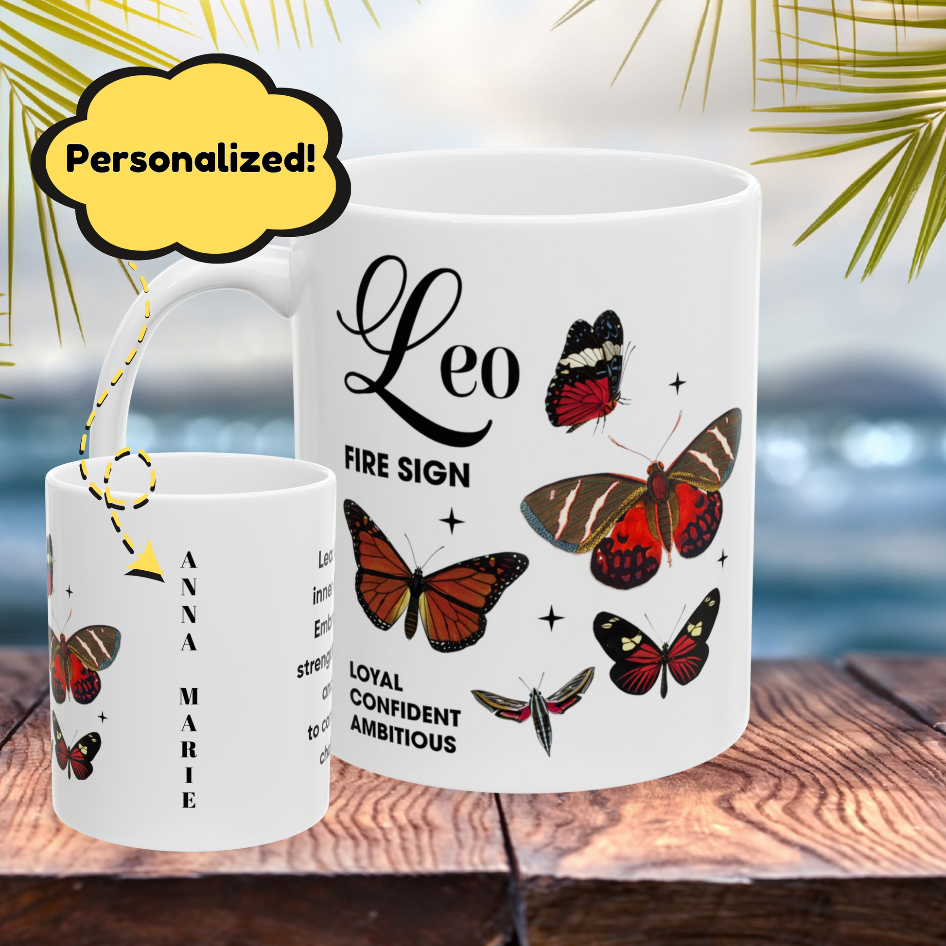Leo Personalized Zodiac Mug, Perfect Gift for Leo, Horoscope Birthday Mug, Custom Butterfly Design, Astrology-Inspired Leo Sign Mug, Unique Zodiac Gift
