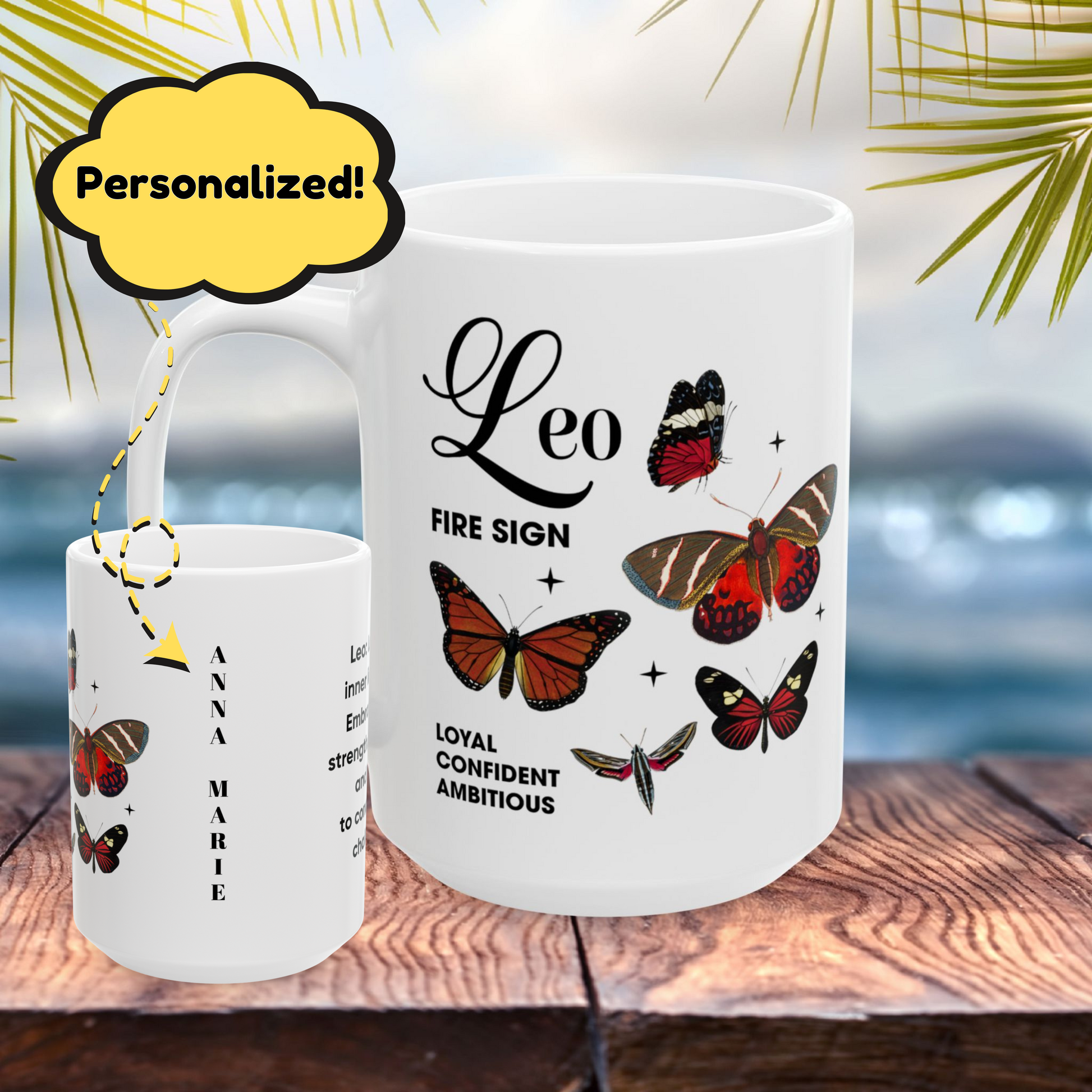 Leo Personalized Zodiac Mug, Perfect Gift for Leo, Horoscope Birthday Mug, Custom Butterfly Design, Astrology-Inspired Leo Sign Mug, Unique Zodiac Gift