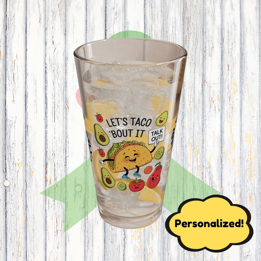"Let's Taco 'Bout It" funny mental health mug, ceramic coffee cup with anxiety relief and affirmations for self-care.