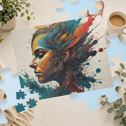Liberation Spectrum - Paint Splatter Woman's Portrait Puzzle with Bold Teal, Orange, and Red on White