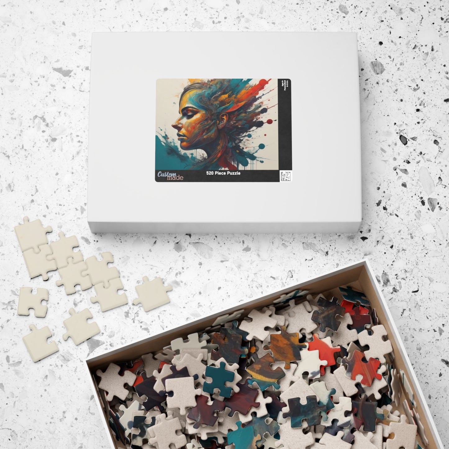Liberation Spectrum - Paint Splatter Woman's Portrait Puzzle with Bold Teal, Orange, and Red on White