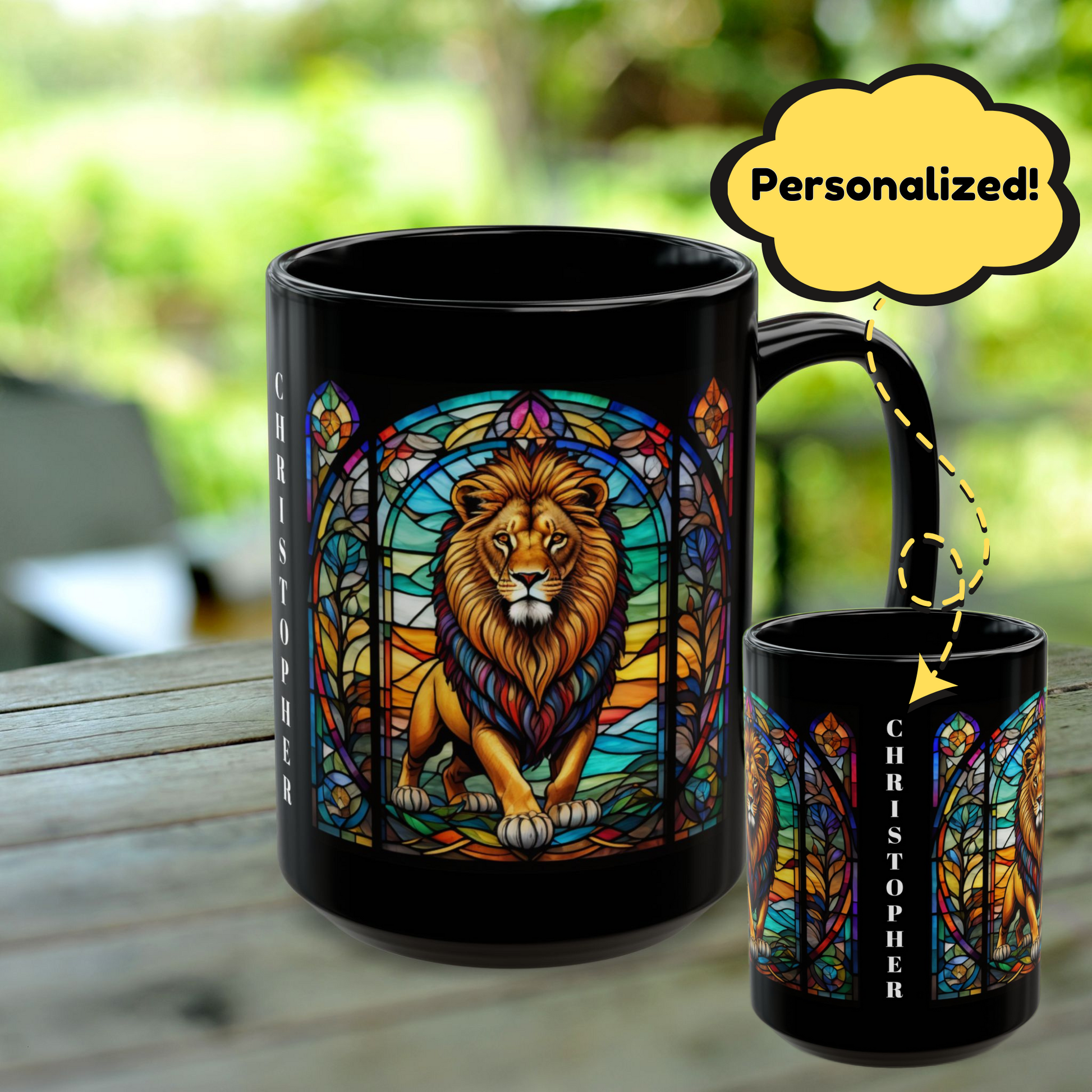 Lion Personalized Mug, Stained Glass Zoo Animal Design, Unique Ceramic Gift for Wildlife Lovers, Coffee, Tea, & Hot Chocolate Cup