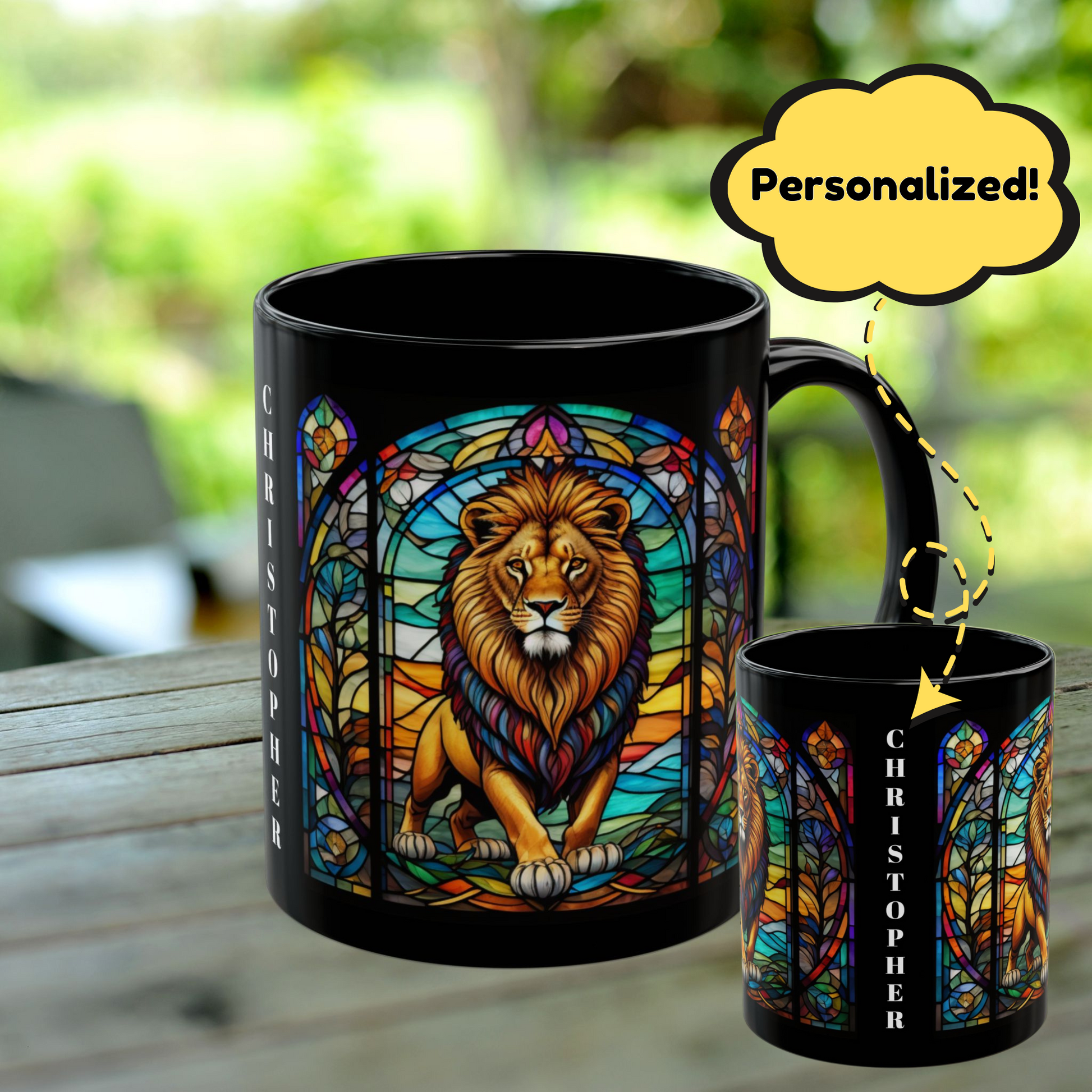 Lion Personalized Mug, Stained Glass Zoo Animal Design, Unique Ceramic Gift for Wildlife Lovers, Coffee, Tea, & Hot Chocolate Cup