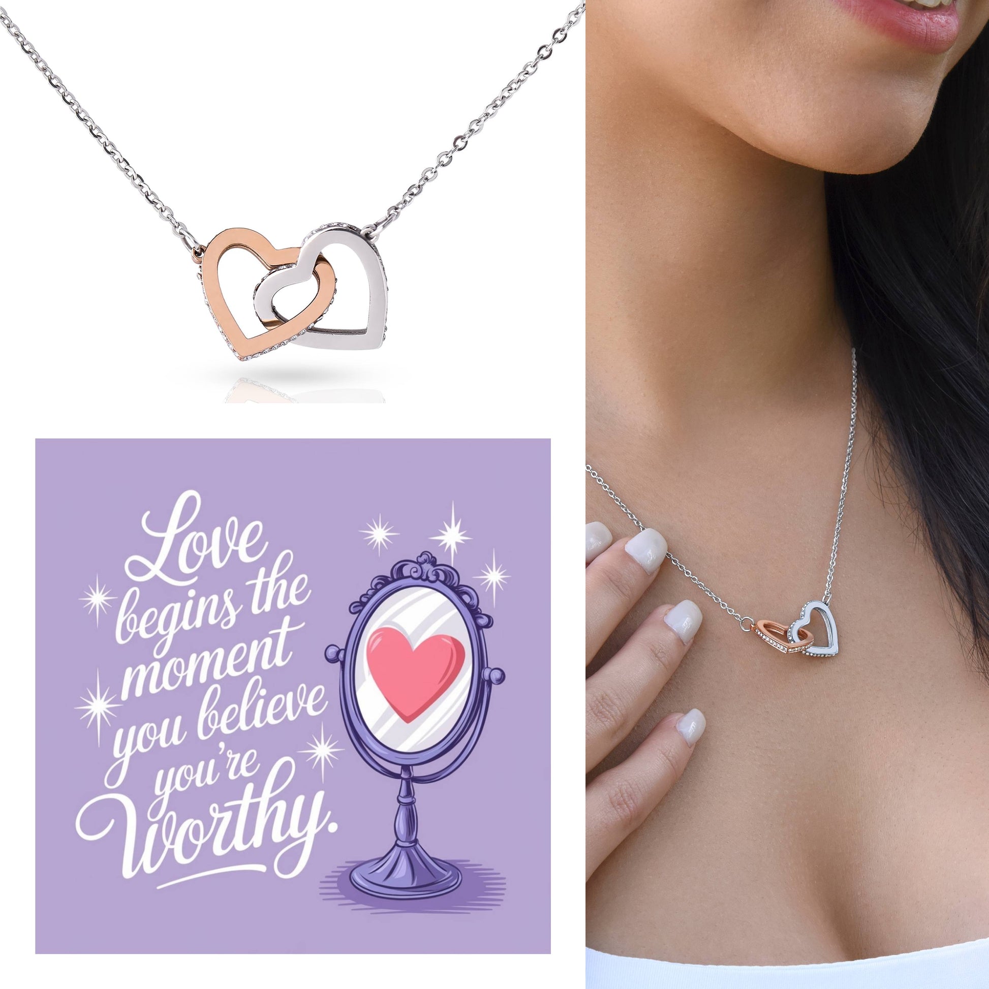Love Begins The Moment You Believe You're Worthy: Interlocking Hearts Necklace - Mental Health Gift, Self-Love, Anxiety, PTSD Support