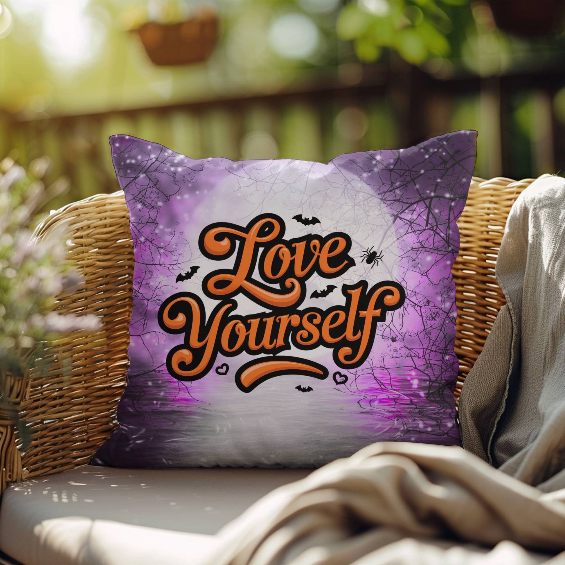 Halloween indoor/outdoor pillow with “Love Yourself” for mental health and self-love décor