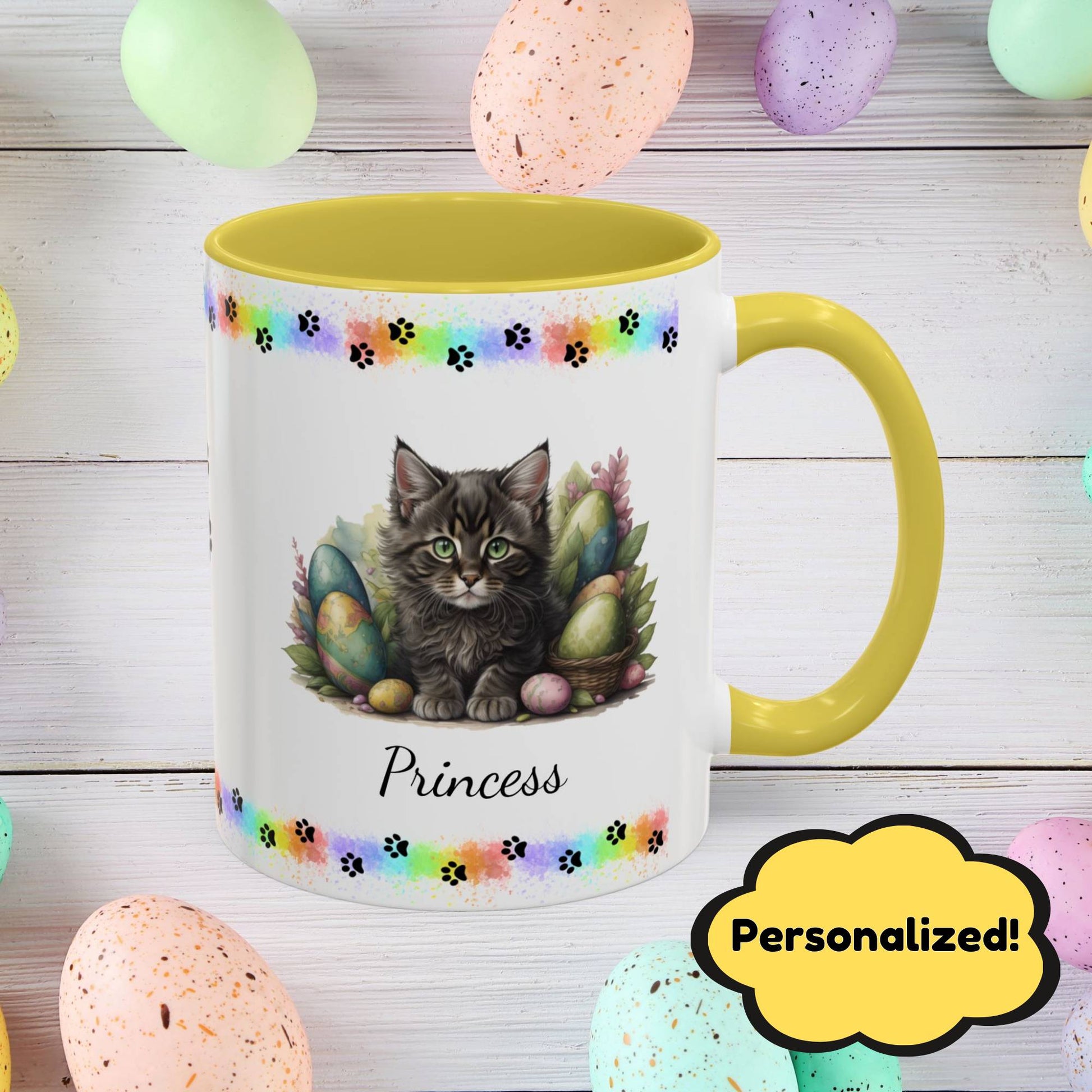 Maine Coon: Personalized Easter Kitten Coffee Mug - Adorable Cat Design, Mental Health Gift, 11oz & 15oz, 12 Color Choices, Easter Gifts & Décor