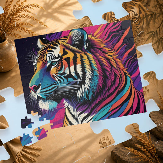 Majestic Mindfulness - Psychedelic Tiger Puzzle with Rainbow Mane and Deep Purple Background