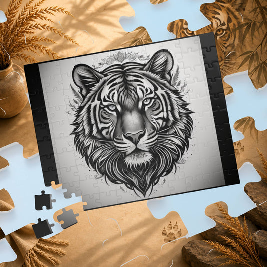 Majestic Roar - Black and White Ink Tiger Puzzle with Crown, Ferns, and Geometric Detail