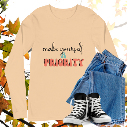 Make Yourself A Priority - Retro Long Sleeve Tee, Bella + Canvas