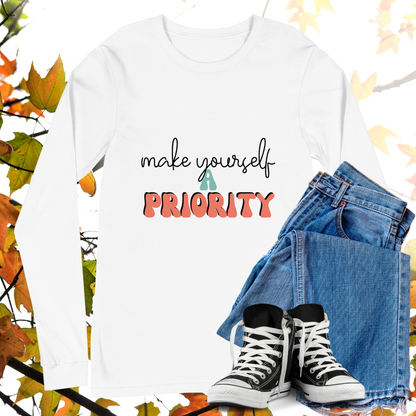 Make Yourself A Priority - Retro Long Sleeve Tee, Bella + Canvas