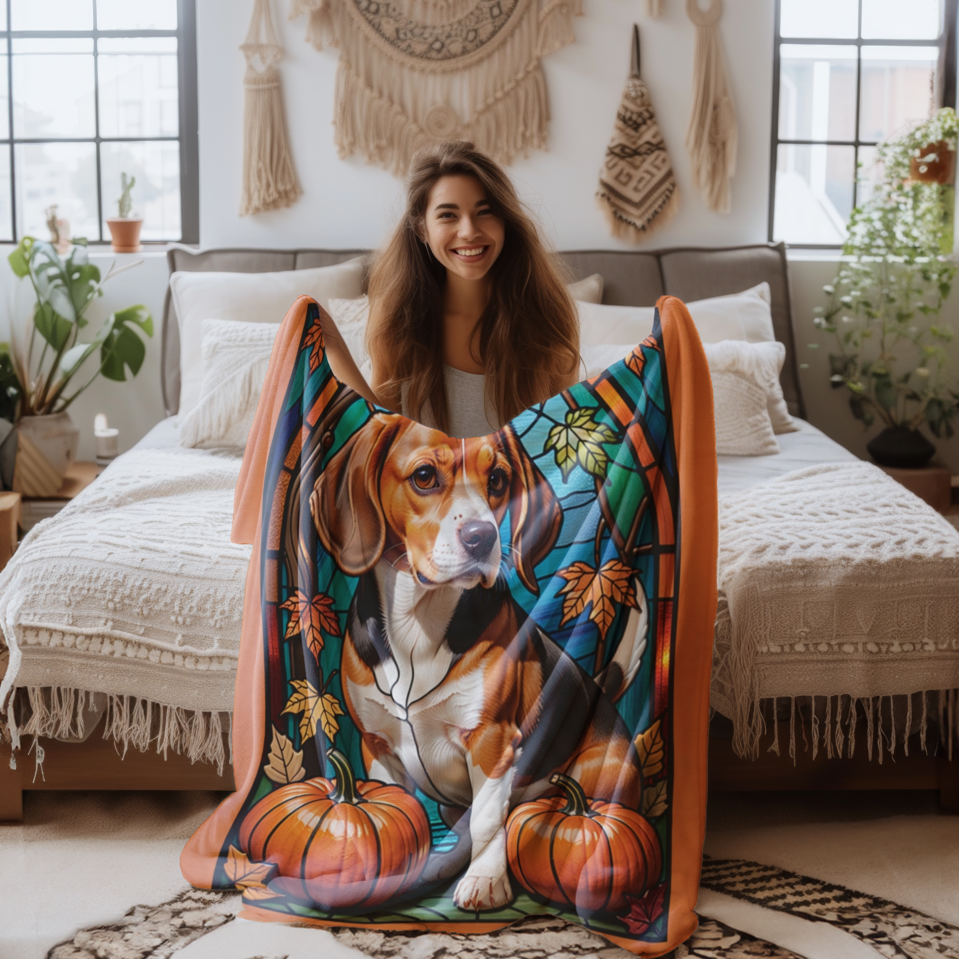 Soft Beagle stained glass pattern blanket, velveteen throw for cozy nights and thoughtful dog gifts