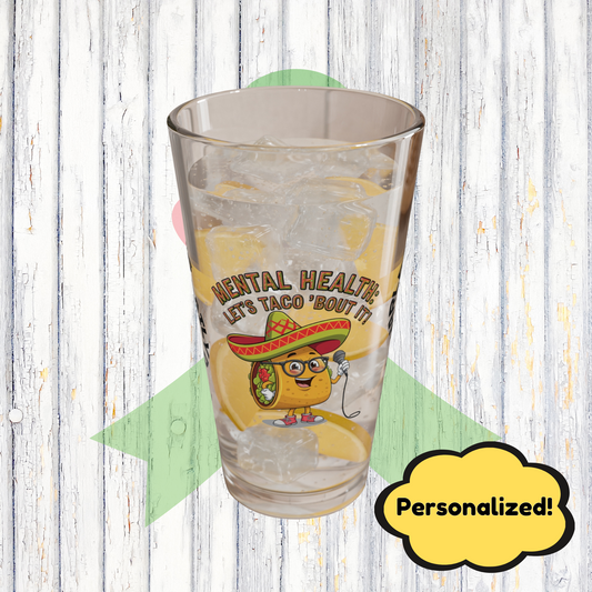 "Mental Health: Let's Taco 'Bout It" funny mental health mug, personalized ceramic coffee cup with affirmations for anxiety relief.