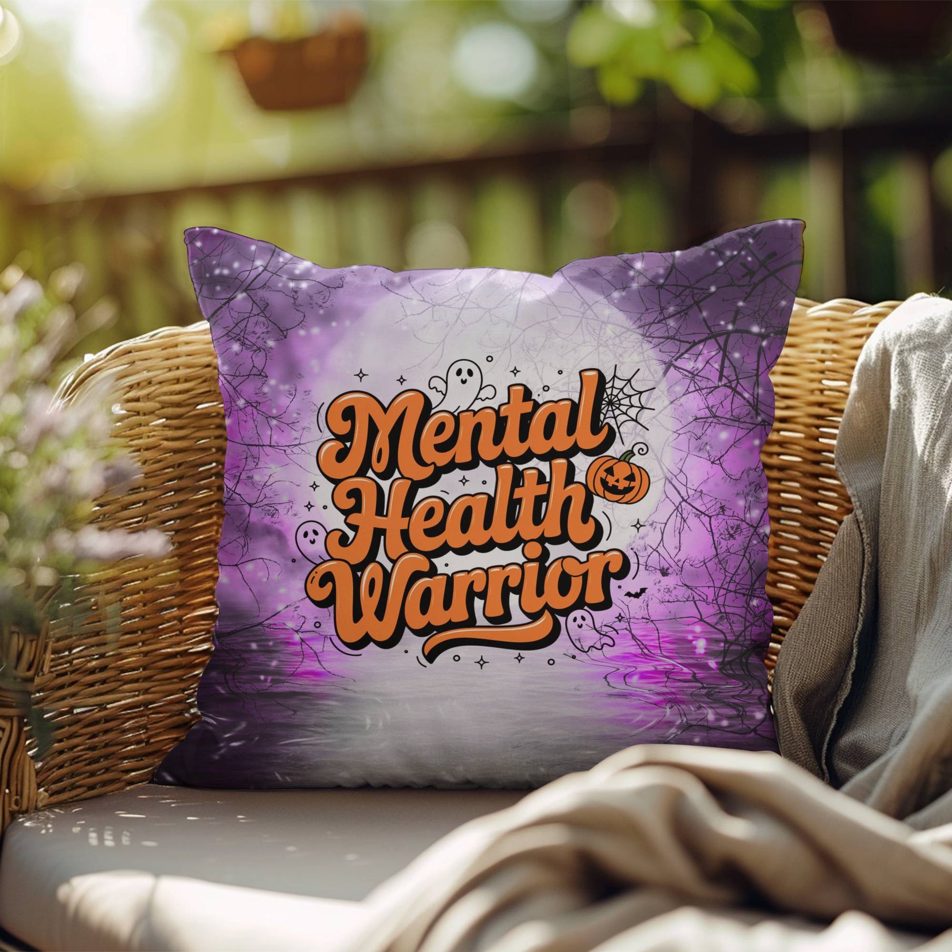 Halloween indoor/outdoor pillow with “Mental Health Warrior” for support and awareness