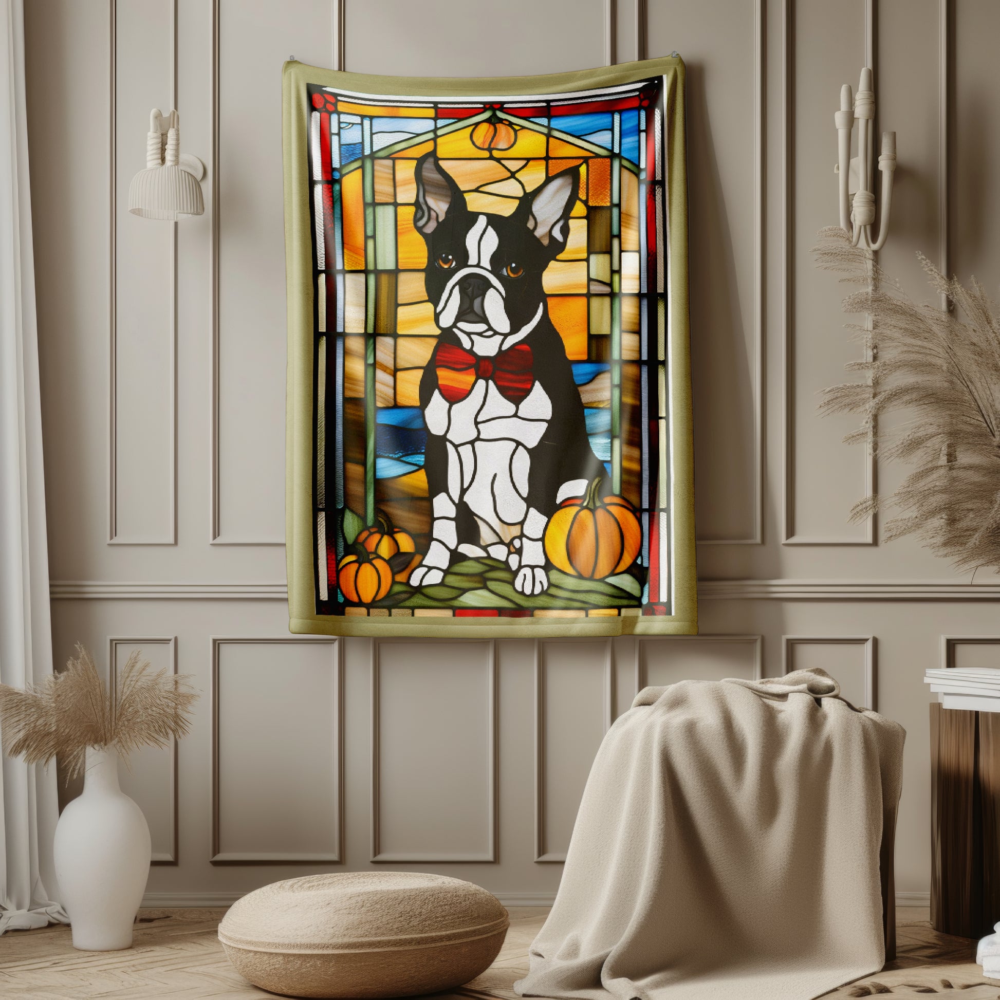 Boston Terrier stained glass plush blanket, velveteen fabric for cozy snuggles and dog owner gifts