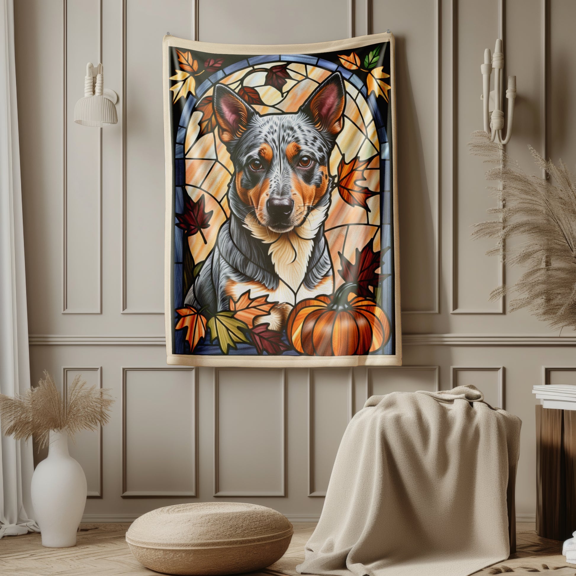 Luxurious Australian Cattle Dog stained glass throw blanket in soft velveteen fabric, thoughtful dog lover gift