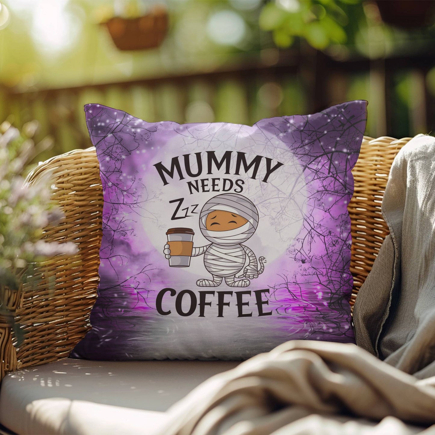 Halloween indoor/outdoor pillow with “Mummy Needs Coffee” for spooky humor and décor