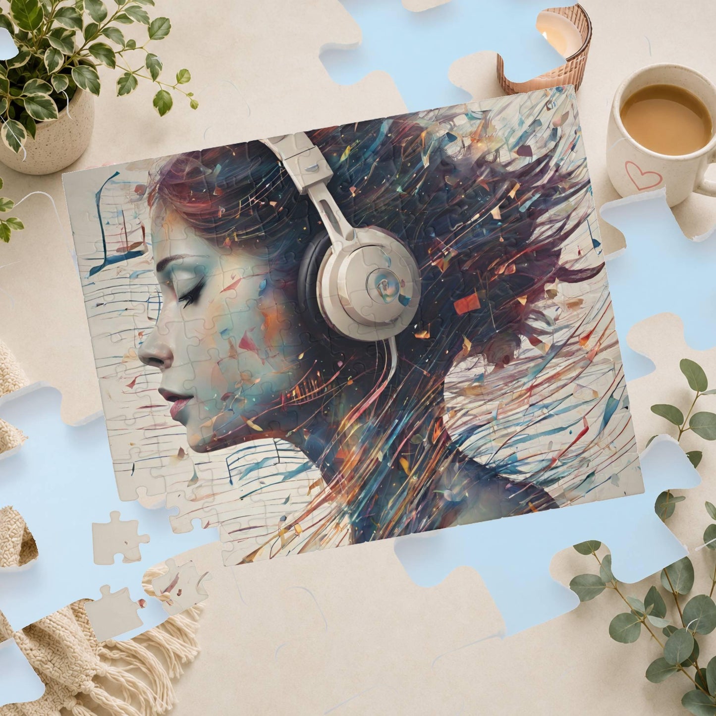 Music and Emotional Resonance - Woman with Headphones Puzzle with Colorful Music Notes and Paint Fragments