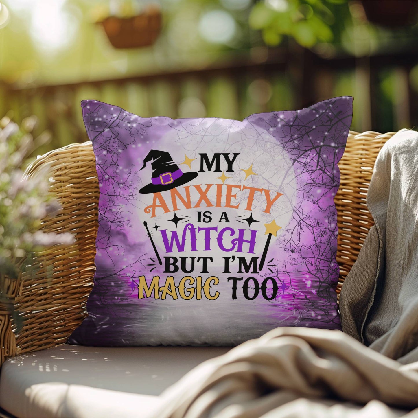 Funny Halloween indoor/outdoor pillow with “My Anxiety Is A Witch” for mental health awareness