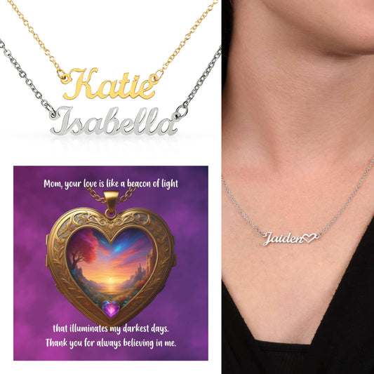 Mom, your love is like a beacon of light that illuminates my darkest days - Custom Name Necklace + Heart for Hope, Comfort & Resilience