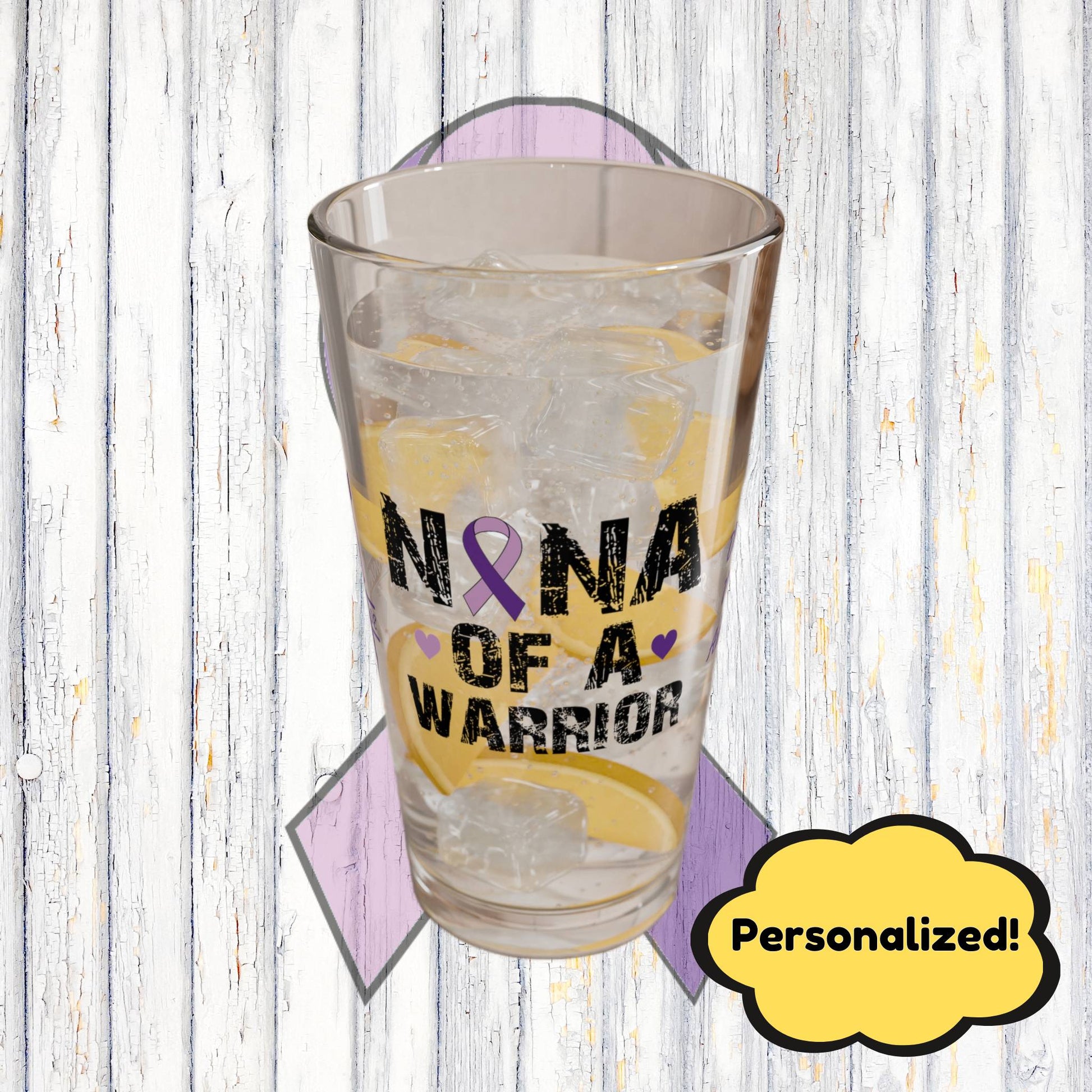 Nana of a Warrior: Personalized Domestic Violence Awareness Warrior Pint Glass - Proud Family Member