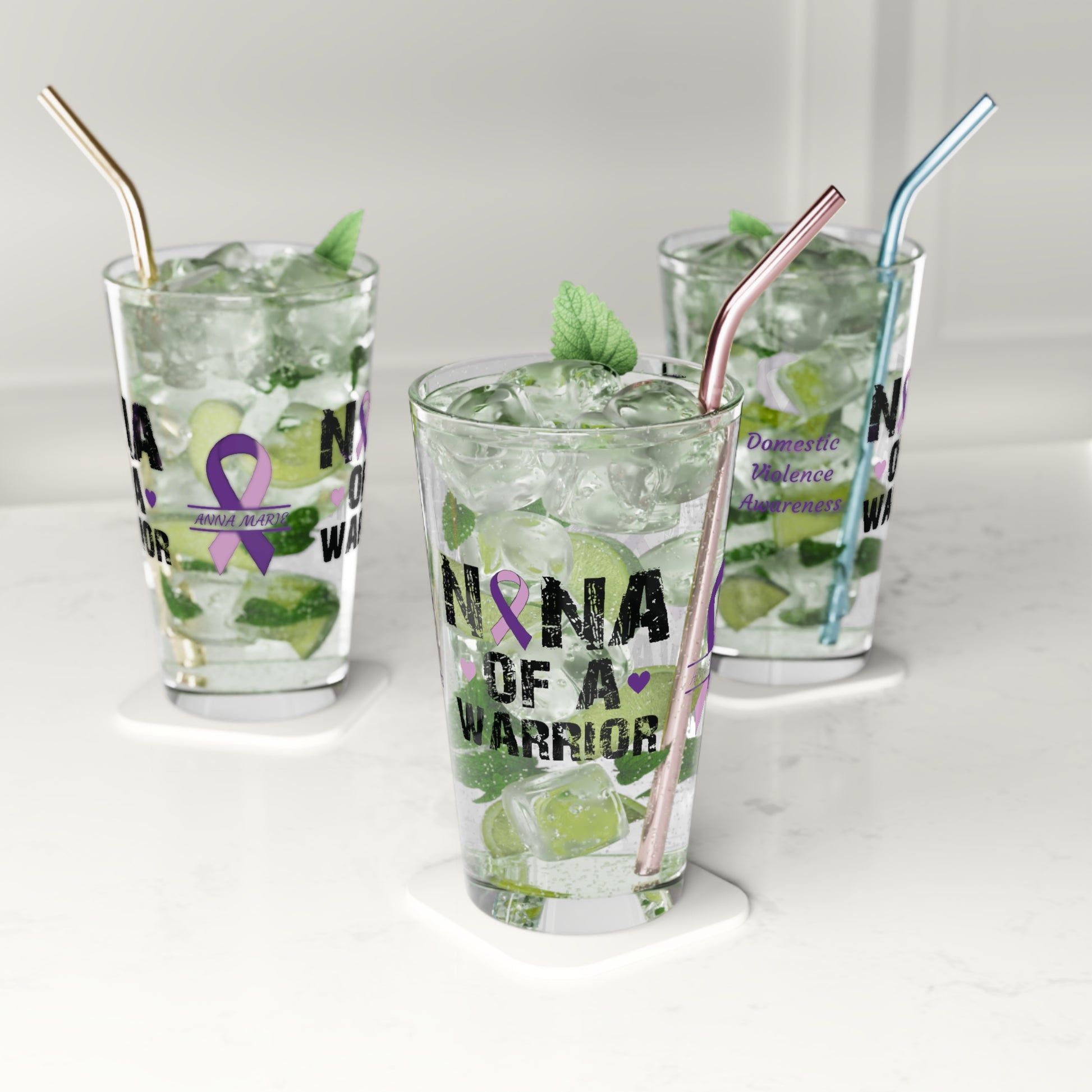 Nana of a Warrior: Personalized Domestic Violence Awareness Warrior Pint Glass - Proud Family Member