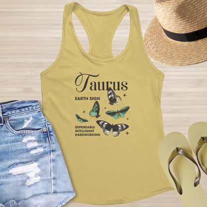 Taurus racerback tank with butterfly artwork symbolizing resilience and calm