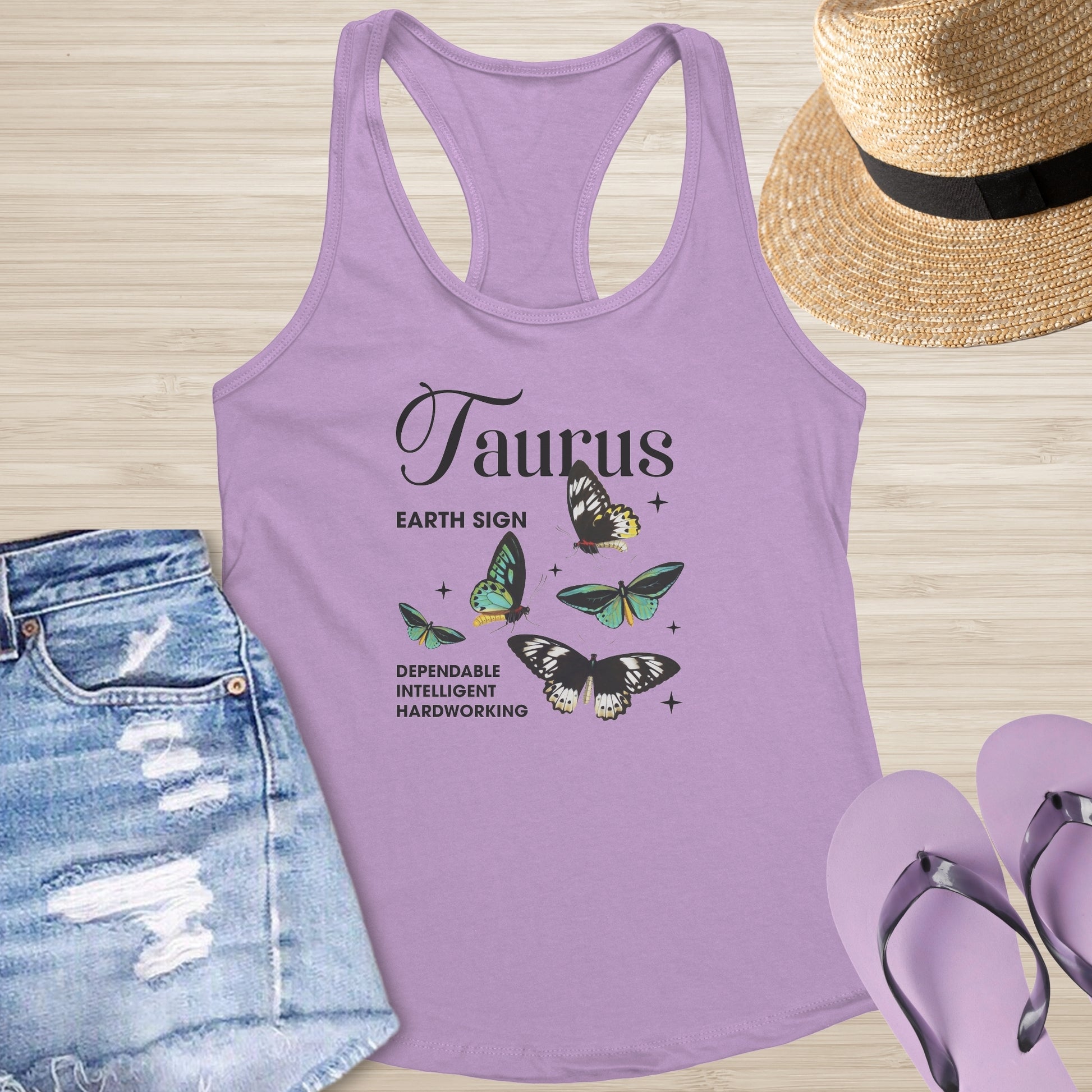 Taurus racerback tank with butterfly artwork symbolizing resilience and calm