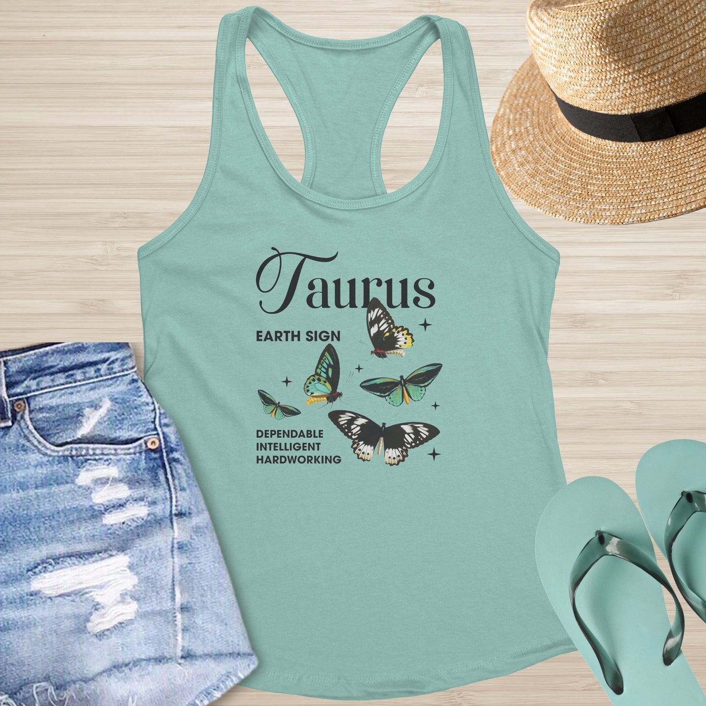Taurus racerback tank with butterfly artwork symbolizing resilience and calm