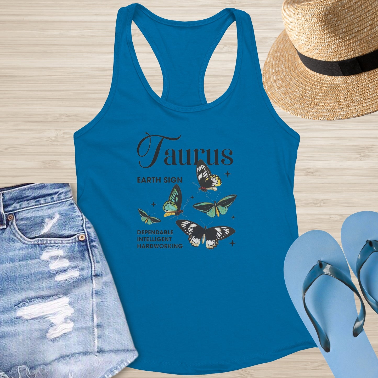 Taurus racerback tank with butterfly artwork symbolizing resilience and calm
