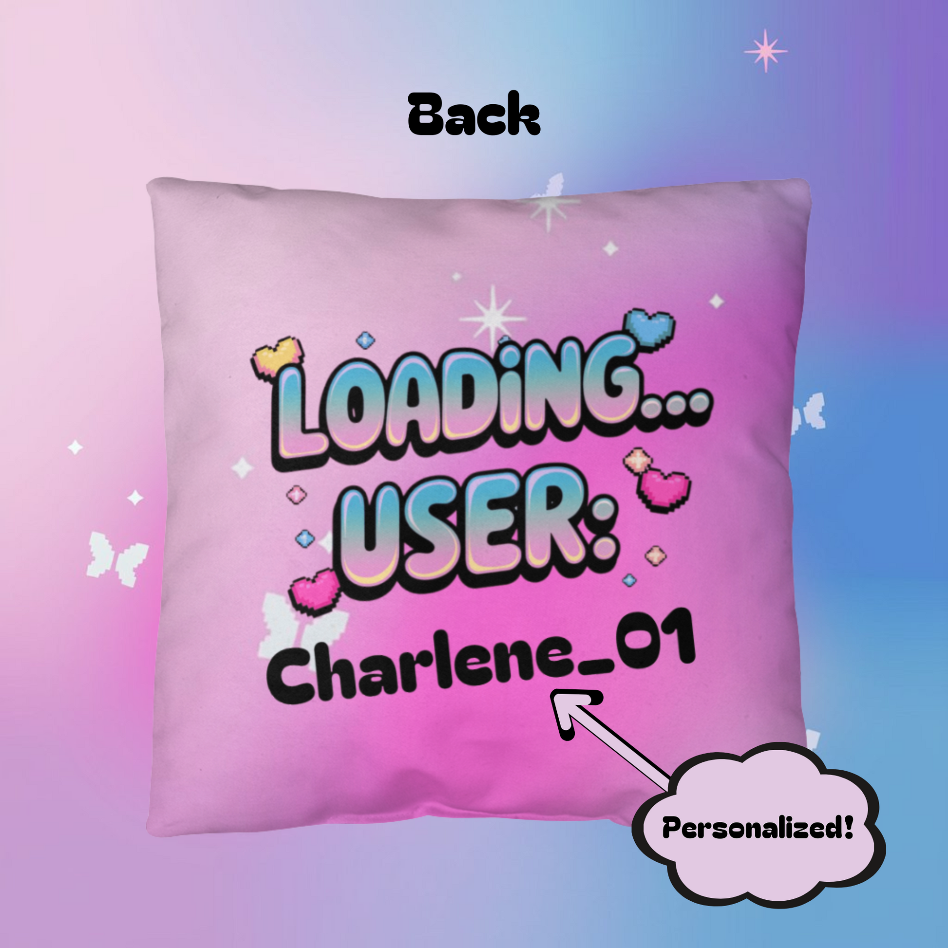 "100% Downloaded Confidence" statement pillow with customizable Y2K design and sparkly digital visuals in a soothing palette