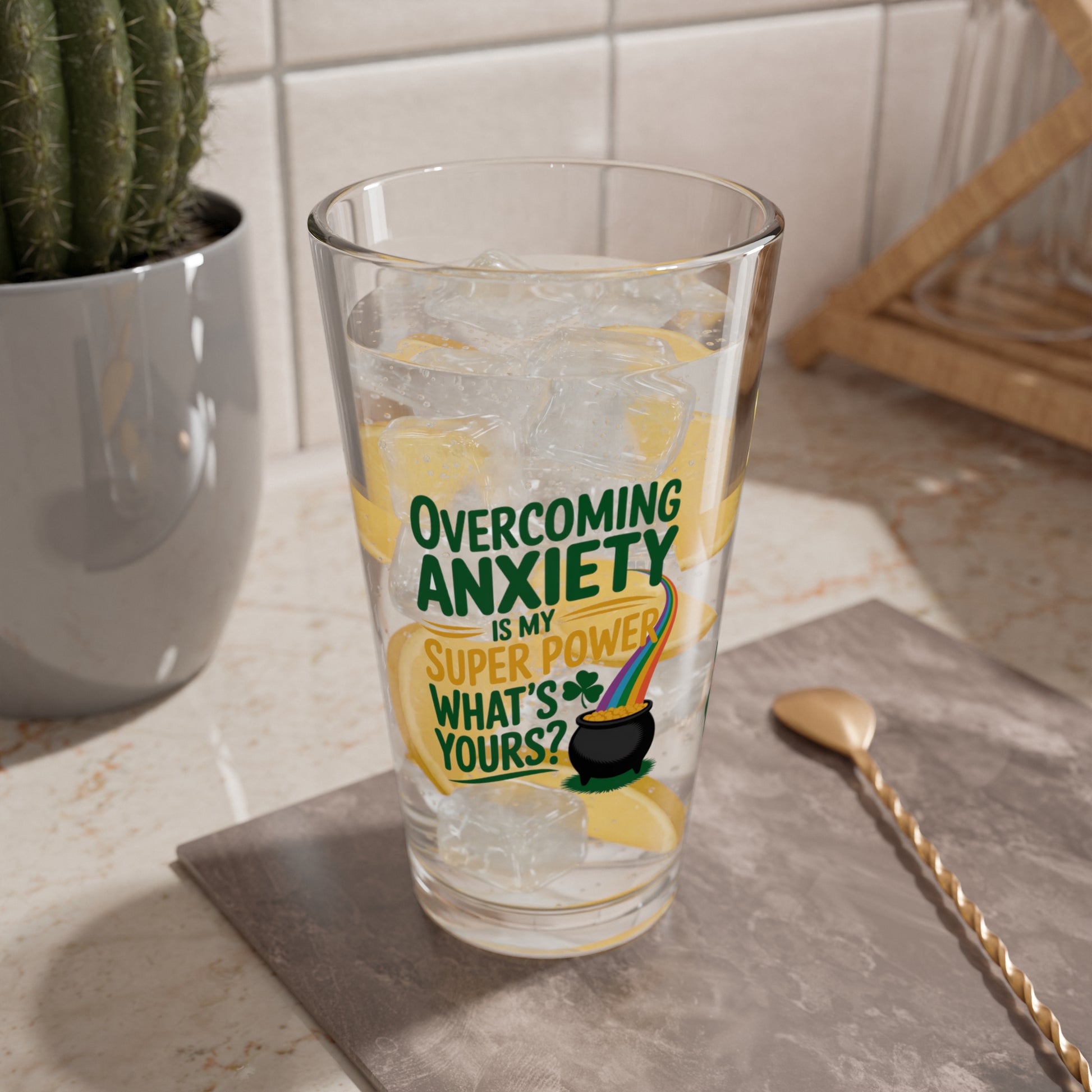 Overcoming Anxiety Is My Super Power What's Yours?: Personalized St. Patrick's Day Pint Glass - Customizable Name for Happiness and Positivity