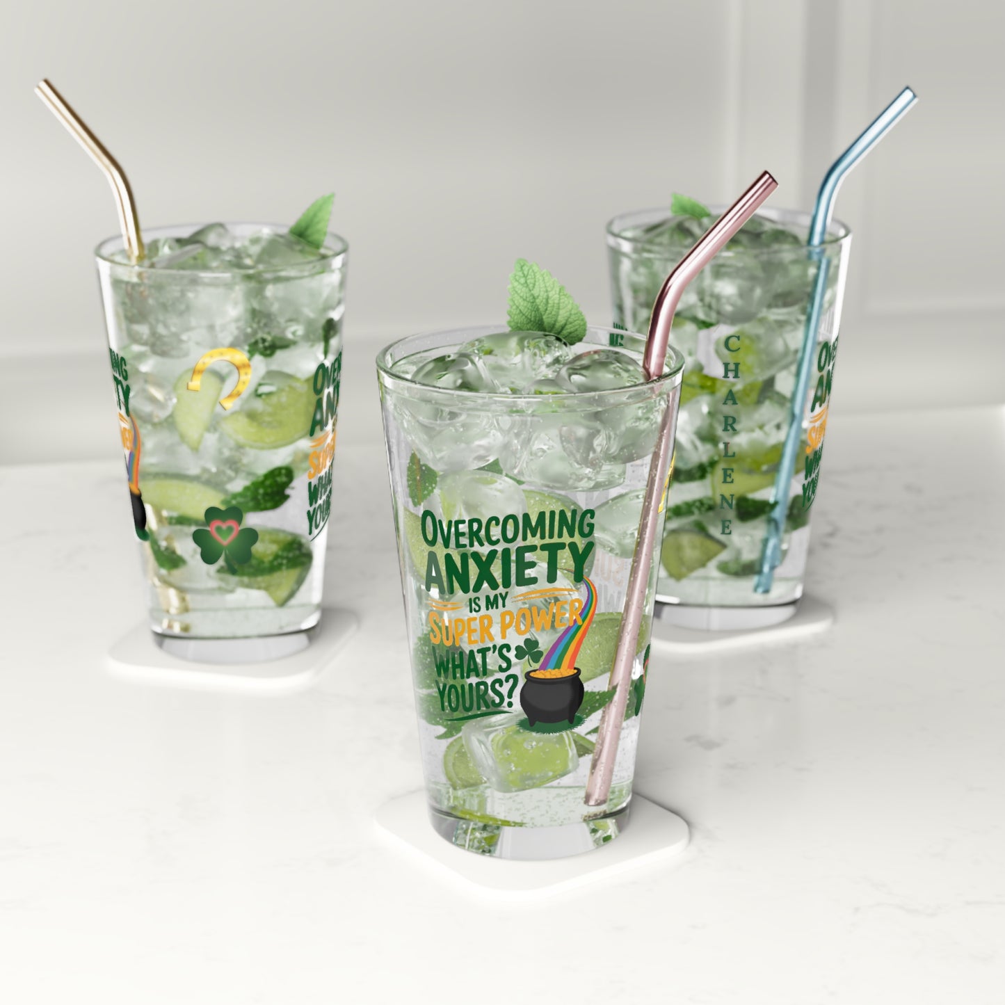 Overcoming Anxiety Is My Super Power What's Yours?: Personalized St. Patrick's Day Pint Glass - Customizable Name for Happiness and Positivity