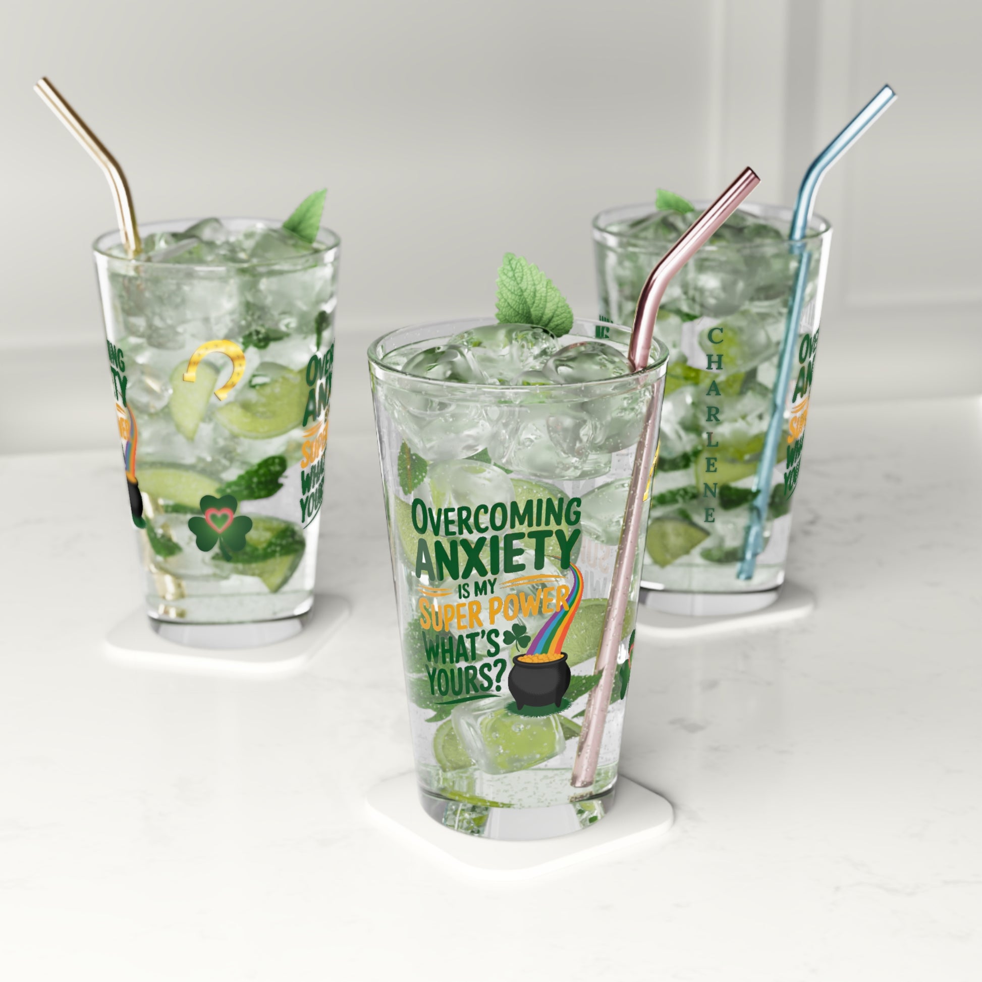 Overcoming Anxiety Is My Super Power What's Yours?: Personalized St. Patrick's Day Pint Glass - Customizable Name for Happiness and Positivity