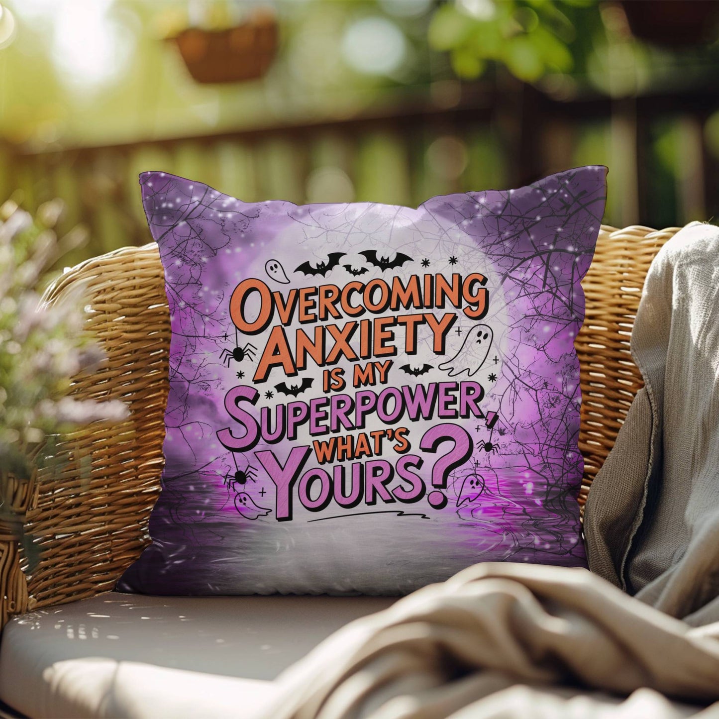 Indoor/outdoor pillow with “Overcoming Anxiety” to promote mental wellness