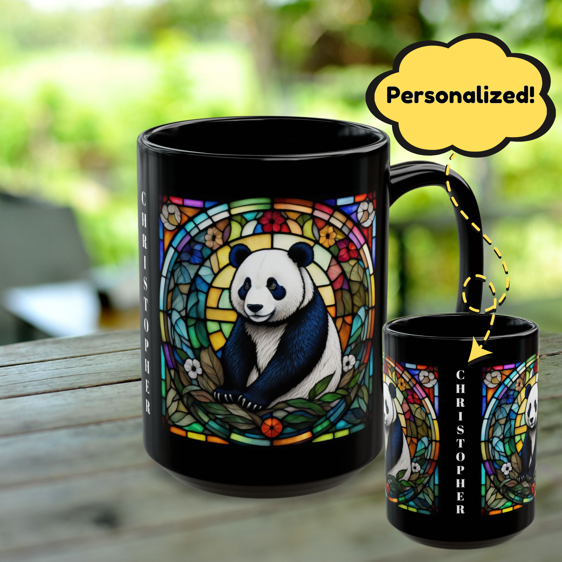 Panda Personalized Mug, Stained Glass Zoo Animal Design, Unique Ceramic Gift for Wildlife Lovers, Coffee, Tea, & Hot Chocolate Cup
