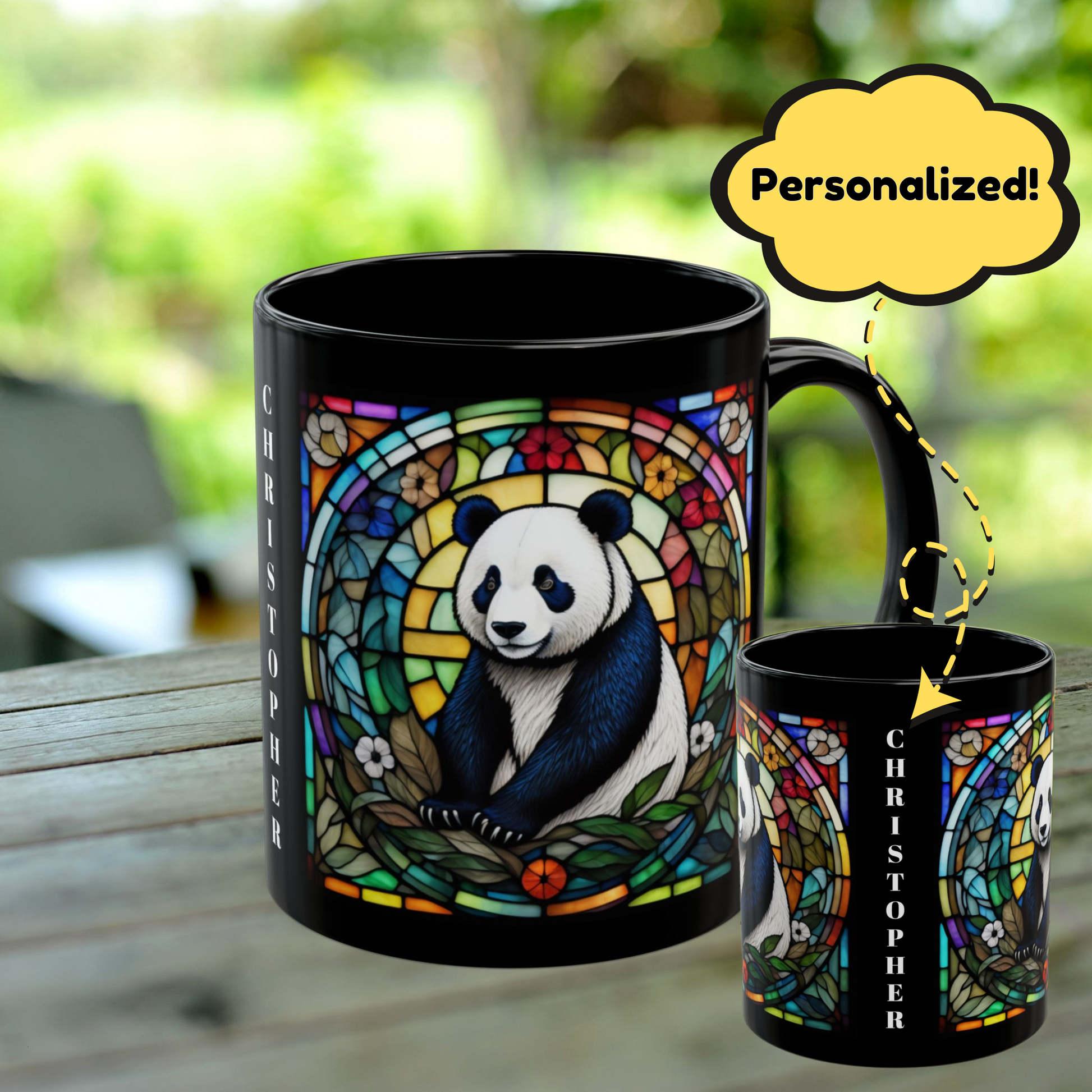 Panda Personalized Mug, Stained Glass Zoo Animal Design, Unique Ceramic Gift for Wildlife Lovers, Coffee, Tea, & Hot Chocolate Cup