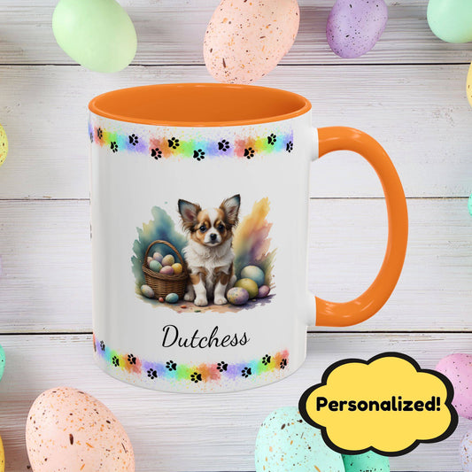 Papillon (Brown & White): Personalized Easter Puppy Coffee Mug - Adorable Dog Design, Mental Health Gift, 11oz & 15oz, 12 Color Choices, Easter Gifts & Décor