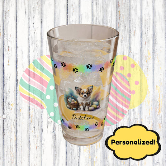 Papillon (White & Brown) Personalized Easter Puppy 16oz Pint Glass - Custom Dog Design, Mental Health Gift, Easter Décor, and Festive Celebrations