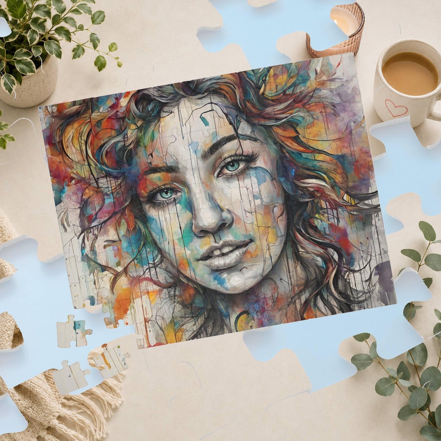 Pathway to Resilience - Sketch and Watercolor Woman's Portrait Puzzle with Ink Drips and Curly Hair