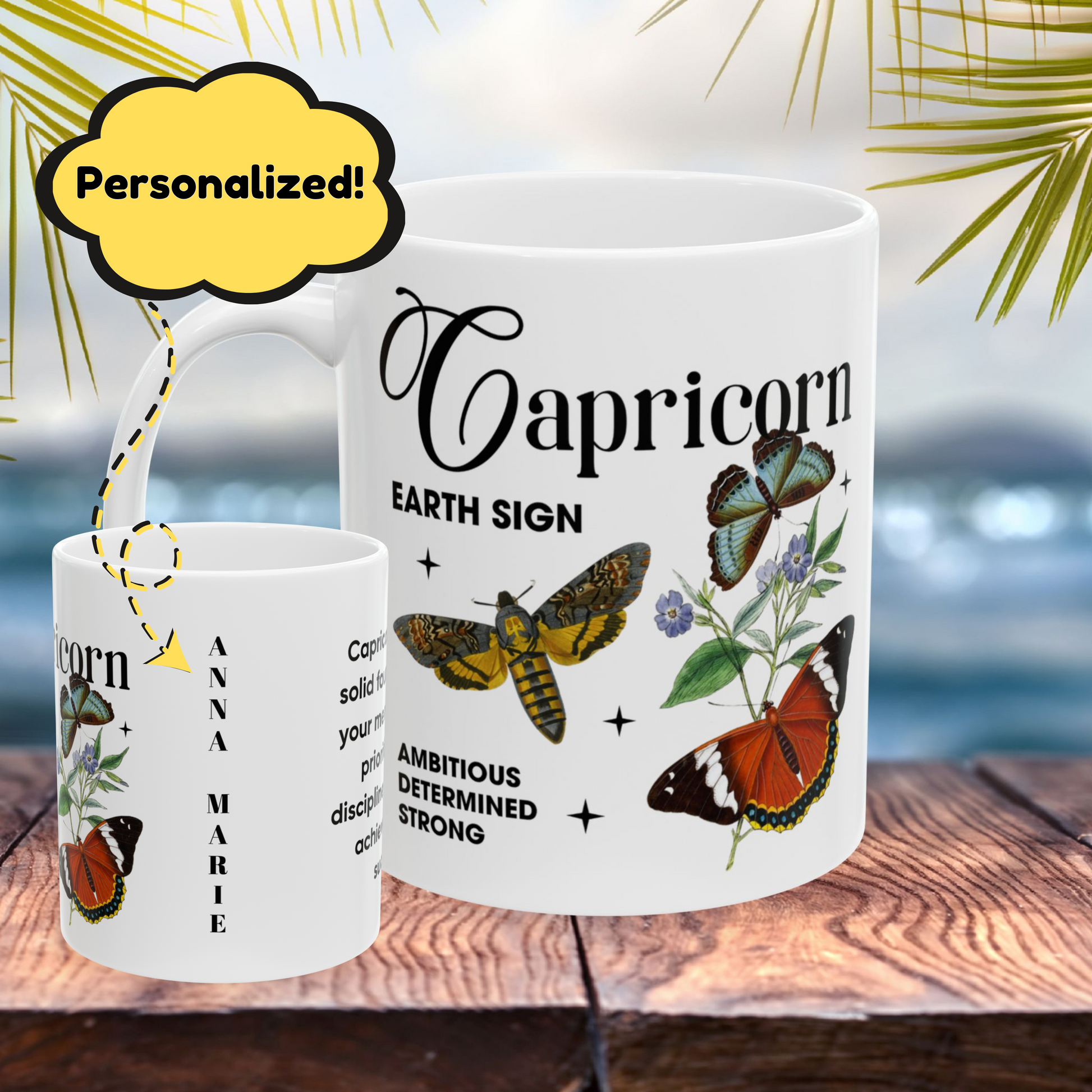 Capricorn Personalized Zodiac Mug, Gift for Capricorn, Horoscope Gift, Capricorn Birthday, Butterfly Design, Astrology Capricorn Mug, Capricorn Zodiac Sign, Zodiac Gift