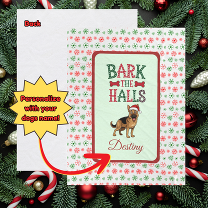 German Shepherd Personalized Velveteen Plush Blanket - "Bark The Halls" | Cozy Holiday Gift for Dog Lovers