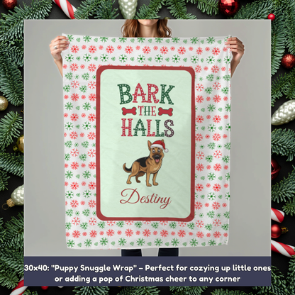 German Shepherd Personalized Velveteen Plush Blanket - "Bark The Halls" | Cozy Holiday Gift for Dog Lovers