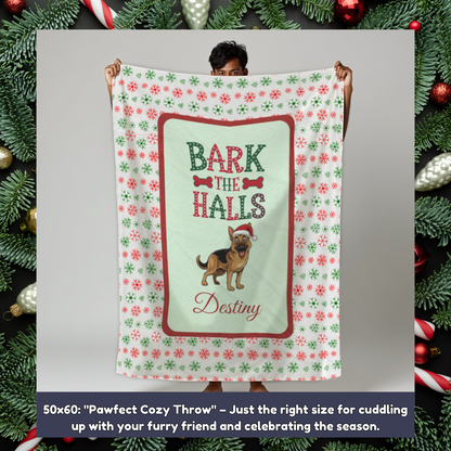 German Shepherd Personalized Velveteen Plush Blanket - "Bark The Halls" | Cozy Holiday Gift for Dog Lovers