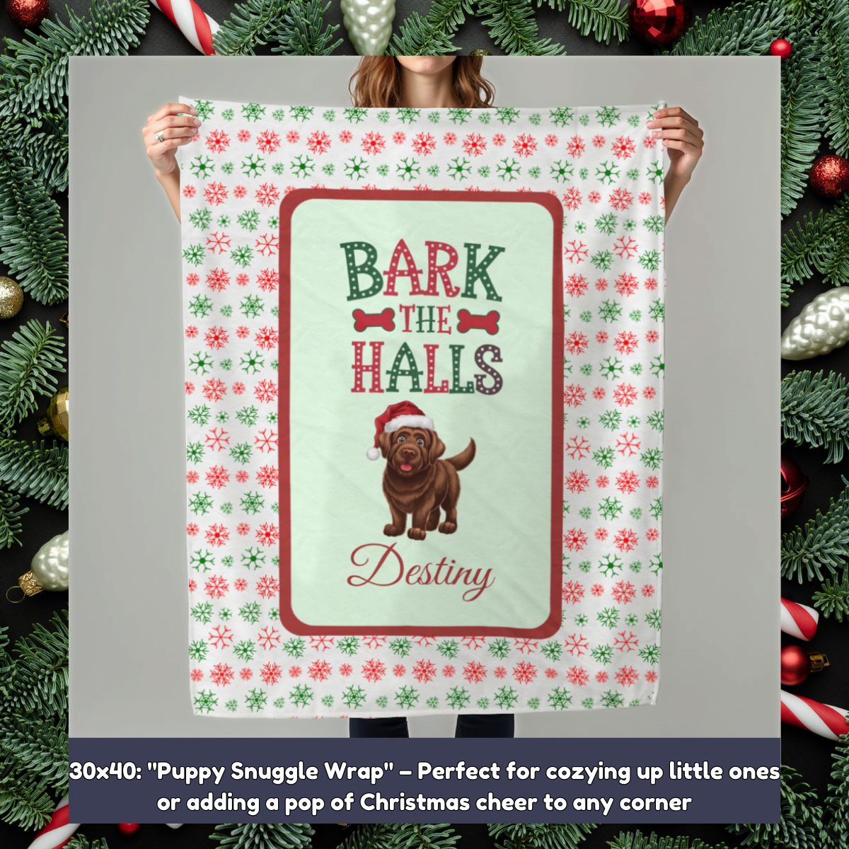 Labrador Retriever (Chocolate) Personalized Velveteen Plush Blanket - "Bark The Halls" | Cozy Holiday Gift for Dog Lovers