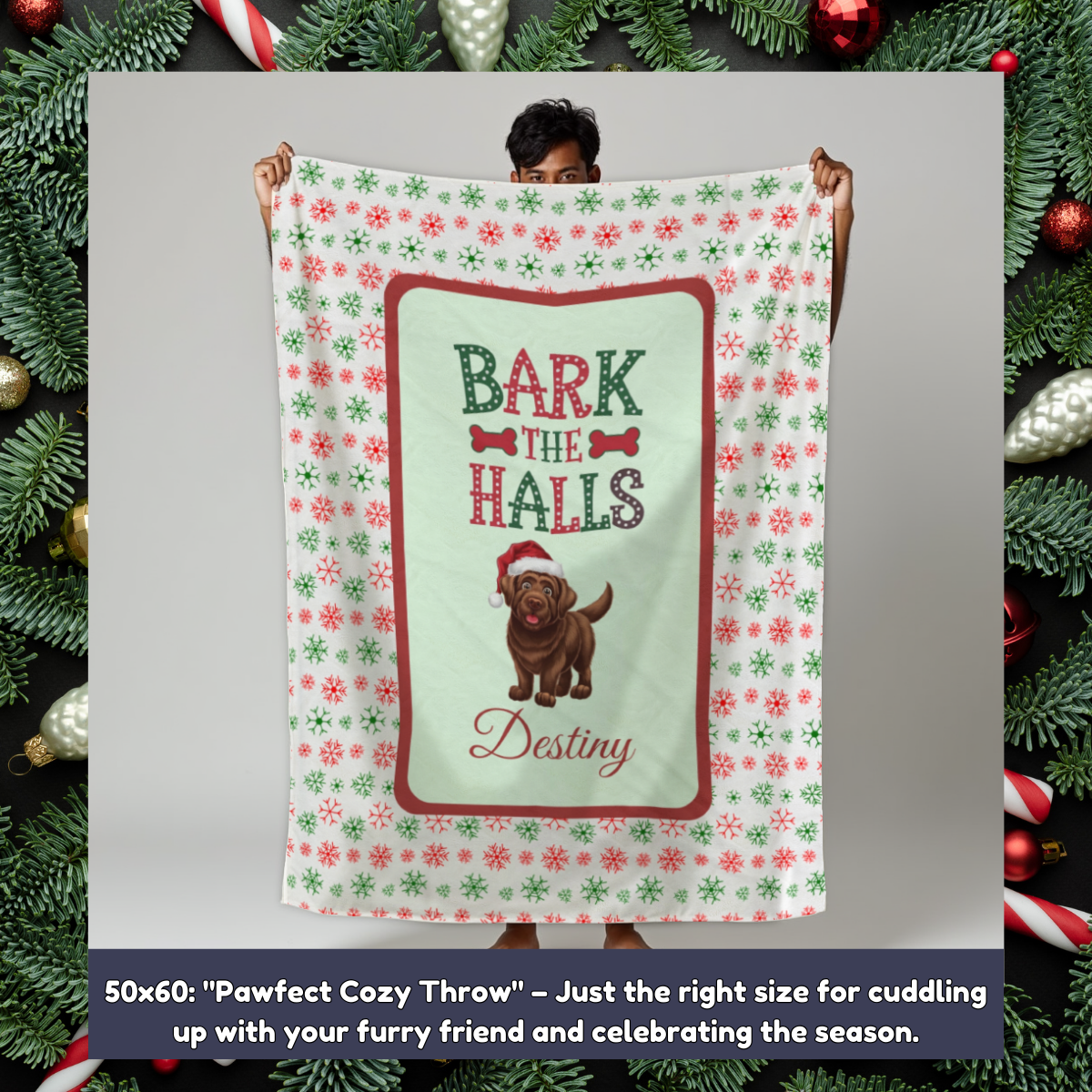 Labrador Retriever (Chocolate) Personalized Velveteen Plush Blanket - "Bark The Halls" | Cozy Holiday Gift for Dog Lovers