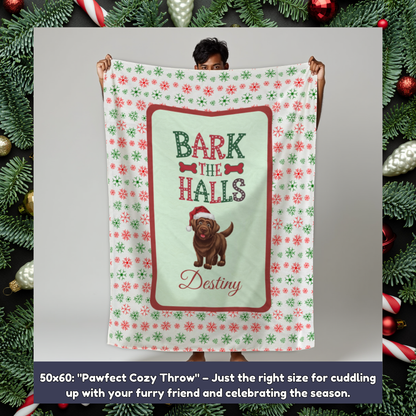 Labrador Retriever (Chocolate) Personalized Velveteen Plush Blanket - "Bark The Halls" | Cozy Holiday Gift for Dog Lovers
