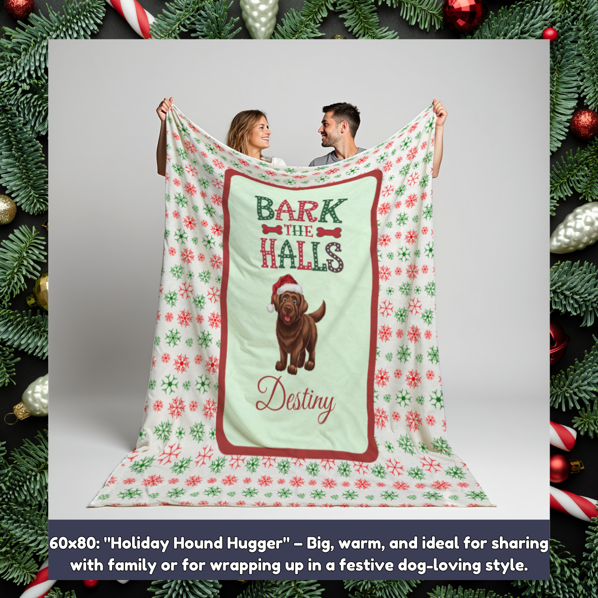Labrador Retriever (Chocolate) Personalized Velveteen Plush Blanket - "Bark The Halls" | Cozy Holiday Gift for Dog Lovers