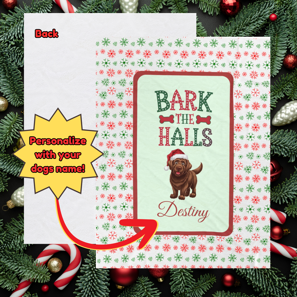 Labrador Retriever (Chocolate) Personalized Velveteen Plush Blanket - "Bark The Halls" | Cozy Holiday Gift for Dog Lovers
