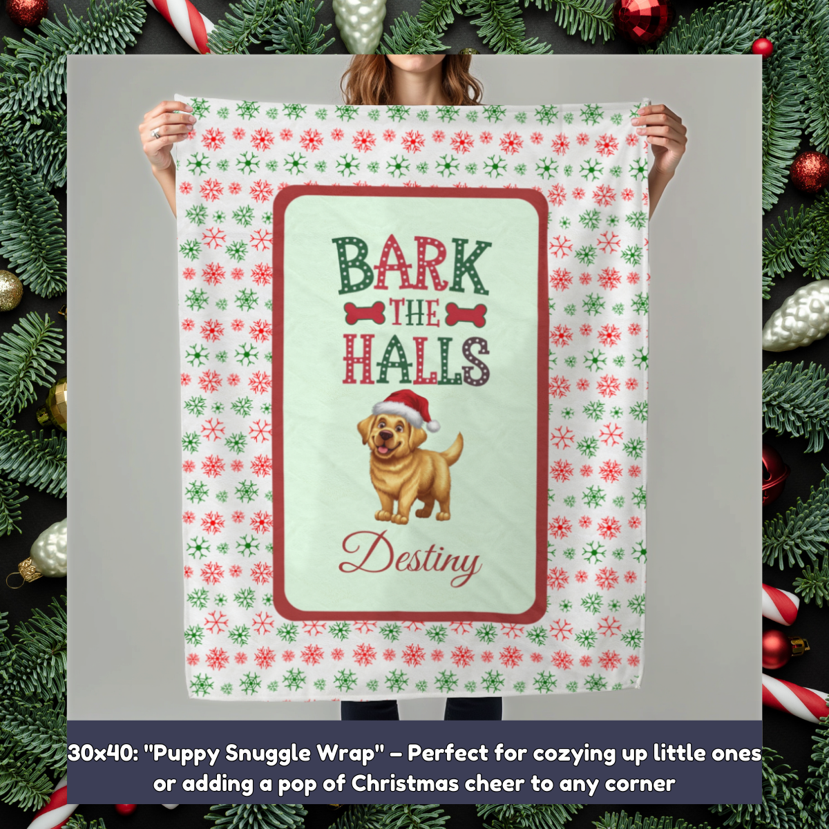 Labrador Retriever (Yellow) Personalized Velveteen Plush Blanket - "Bark The Halls" | Cozy Holiday Gift for Dog Lovers