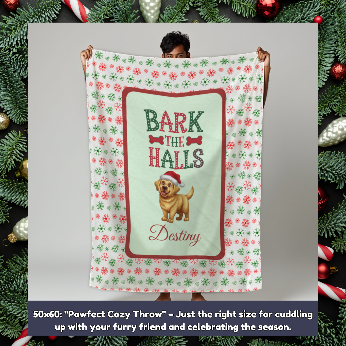 Labrador Retriever (Yellow) Personalized Velveteen Plush Blanket - "Bark The Halls" | Cozy Holiday Gift for Dog Lovers